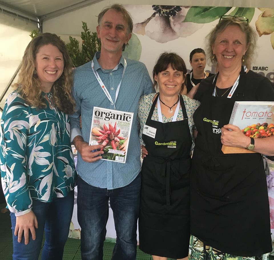 Karen Sutherland and Penny Woodward at the Organic Gardener Magazine stall MIFGS for the tomato book signing