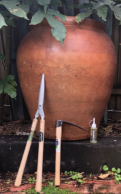 Shogun Tools, mattock, shears, camellia oil at Gunyah garden Pascoe Vale South