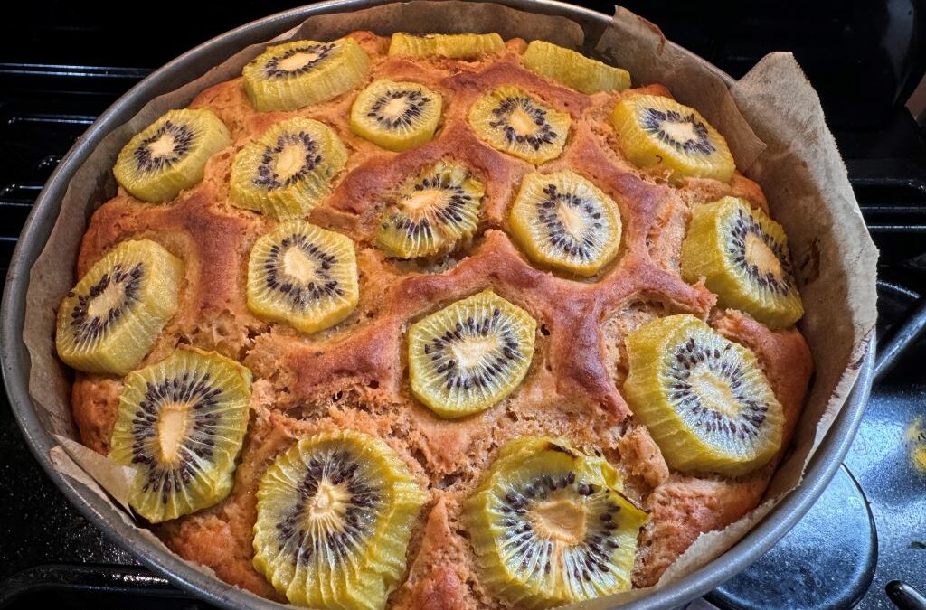 Freshly baked gluten free Kiwi cake in spring form pan